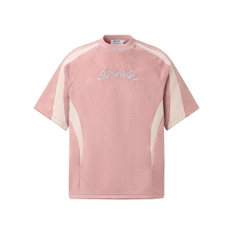Men's jt american retro couple street style color block suede logo design short sleeve loose fit crew neck t-shirt