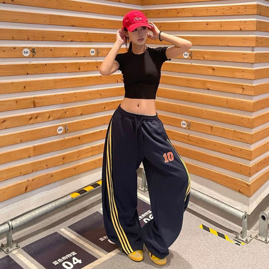 Women casual pant retro three stripescontrast colorloose