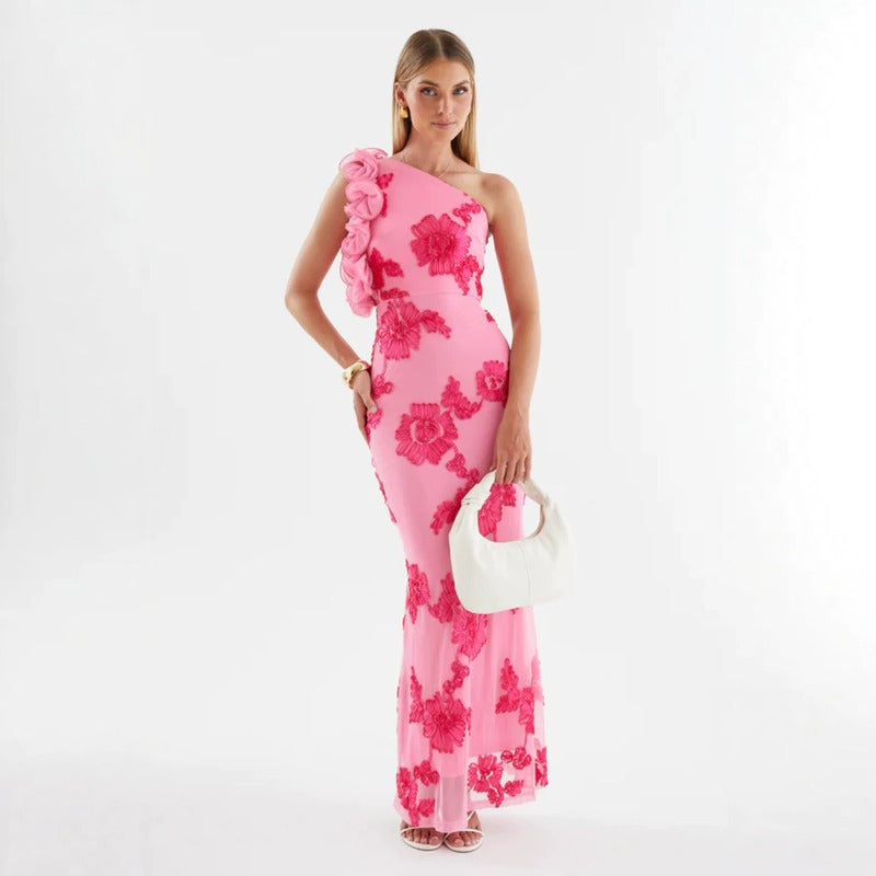 Women's dress - export, asymmetrical neckline, european & american style, amazon new arrival for summer, fashionable spaghetti strap bodycon dress, sexy 3d floral appliqué