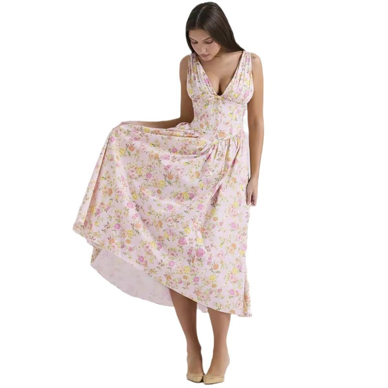 Women's dress - standalone store summer slim-fit camisole maxi dress - european & american style fashion print v-neck elegant dress