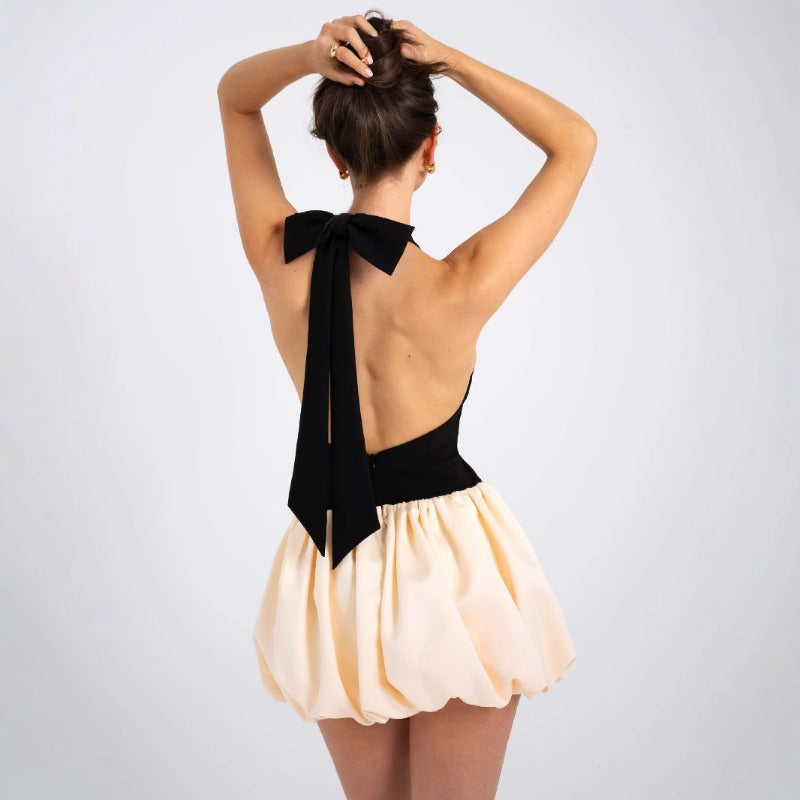 Women's dress: american summer cross-border fashion sexy patchwork pleated skirt slim fit backless dress