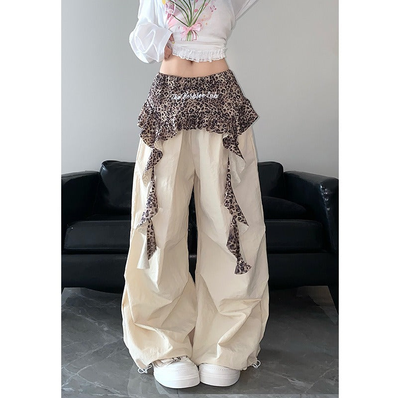 Women casual pants women's summer wide fake two-piece leopard print fart curtain splicing wide-leg pants
