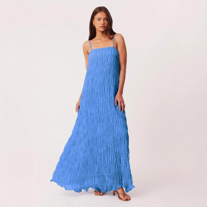 Women's dress - summer european & american style - backless, ruched, breathable, tie-up, ruffle hem maxi dress