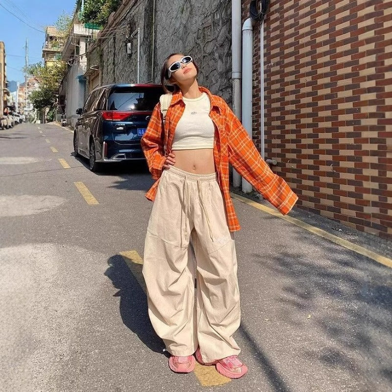 Womens casual pants vintage pleated striped spring summer wide-leg scimitar pants