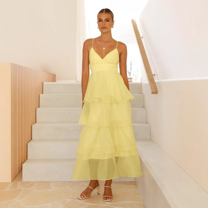 Women's dress: european & american cross-border sexy backless spaghetti strap cake pleated tie-up fashion evening party slim-fit dress