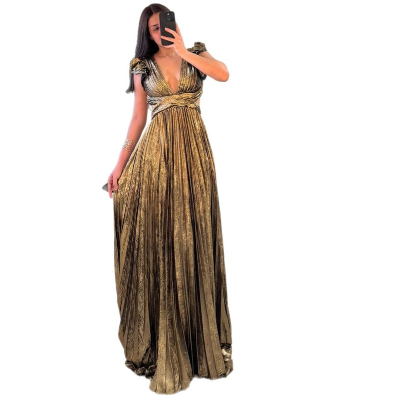 Women dress exportbackless strap pleated skirthigh waist side zipper large skirt party long skirt dresslong dress