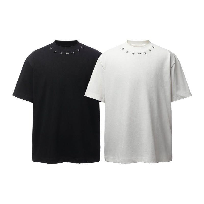 Men's t-shirts: american retro heavyweight double yarn metallic detail design, men's crew neck high street oversized short sleeve tee