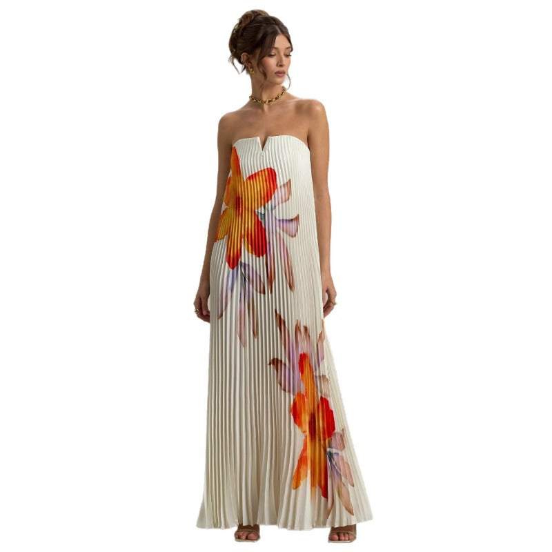 Women's dress - amazon independent site, cross-border e-commerce, european & american export, printed bandeau, loose fit, heavily pleated, long maxi dress for women