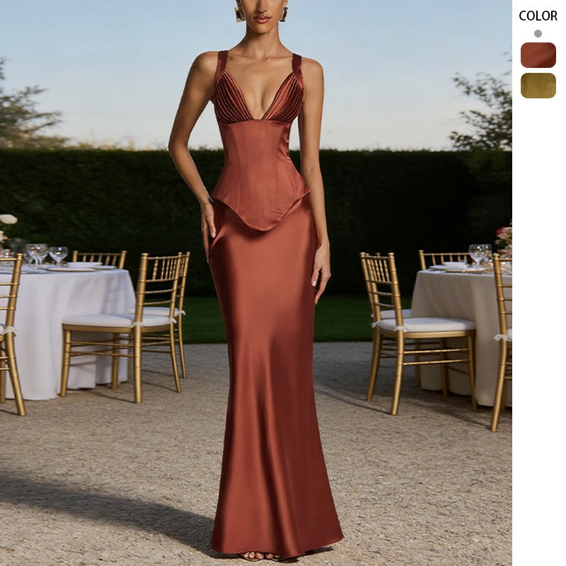 Women's dress: bestselling european and american long dress - fashionable, sexy, versatile bodycon long satin midi skirt set