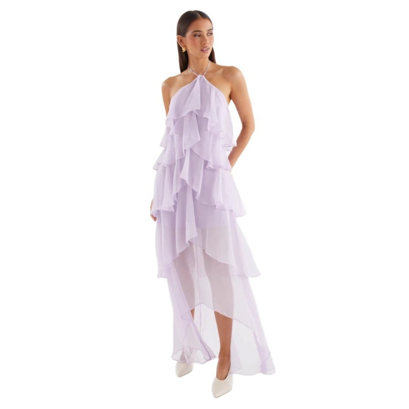 Women's french riviera style beach dress - summer sleeveless halter sundress with ruffle trim