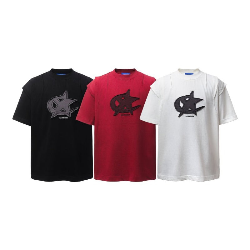 Men's t-shirts: american retro heavyweight double yarn high-quality appliqué embroidery design, deconstructed loose fit short sleeve tee