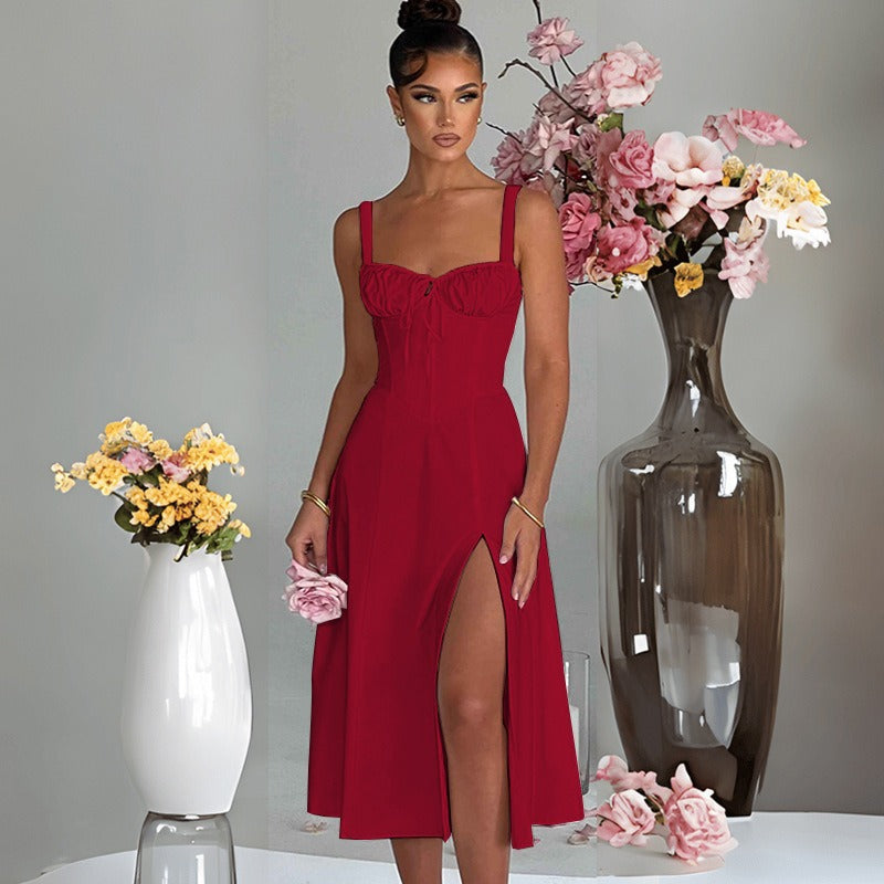 Women's dress - european & american amazon spring/summer fashion casual tie-waist slim-fit slit cami high-end dress