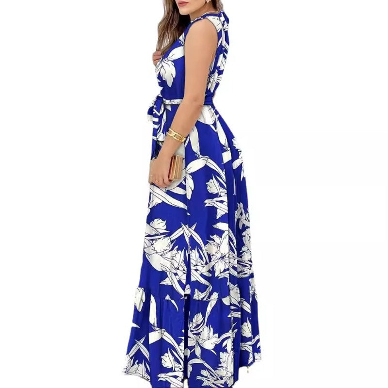Women's dress - cross-border amazon ebay us/eu summer halter neck tie-up printed ruffle hem dress