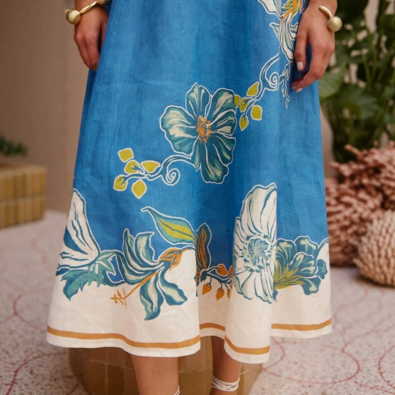 Women's dress: european and american cross-border independent station aliexpress personalized floral linen lantern sleeve fashionable cinched waist round neck dress