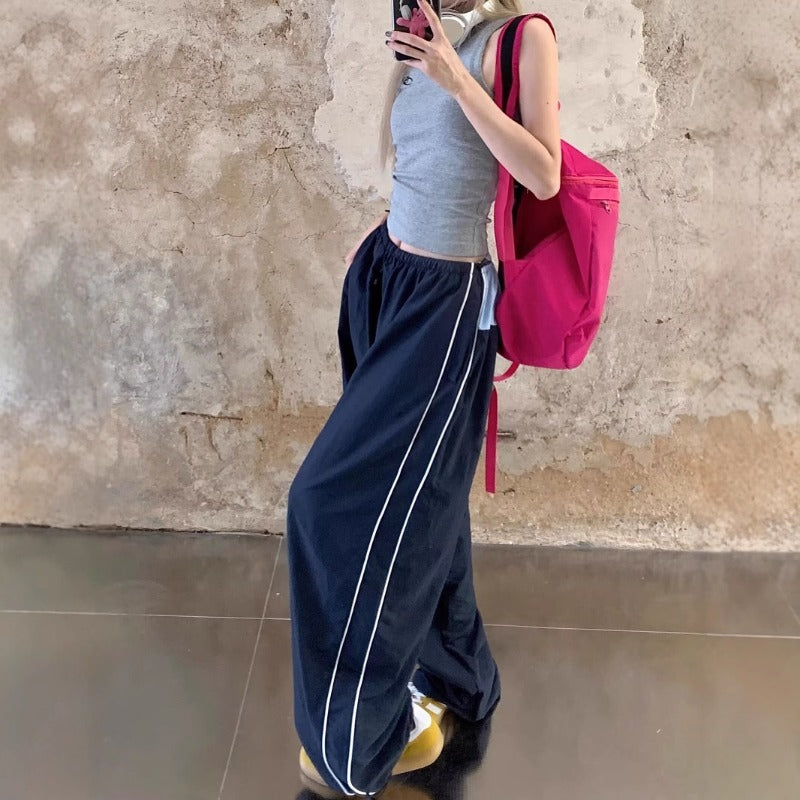 Women casual pants retro contrasting color high waist women's summer loose sweatpants