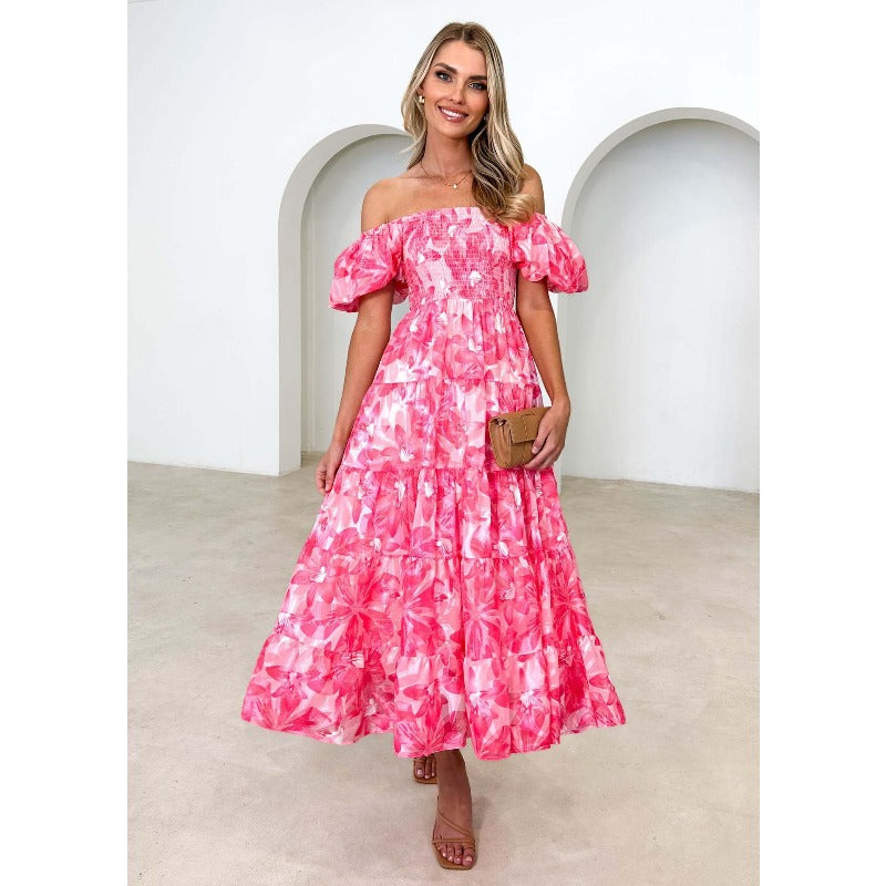 Women's dress: bestselling spring/summer one-shoulder printed puffy sleeve a-line dress for cross-border e-commerce (us/european platforms)