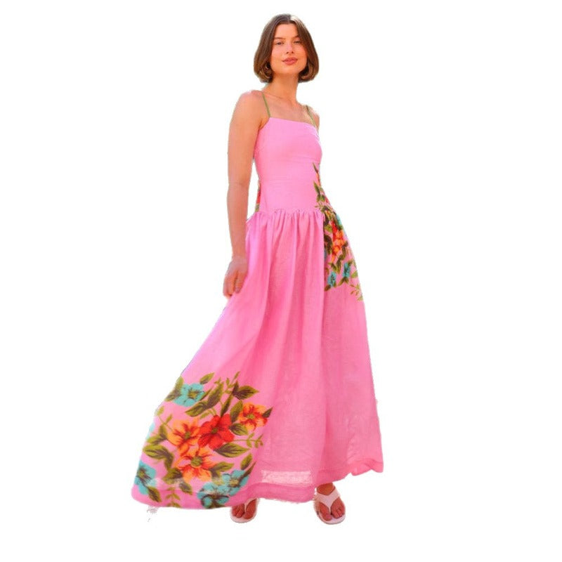 Women's dress - cross-border e-commerce amazon summer fashion: elegant spaghetti strap printed backless dress