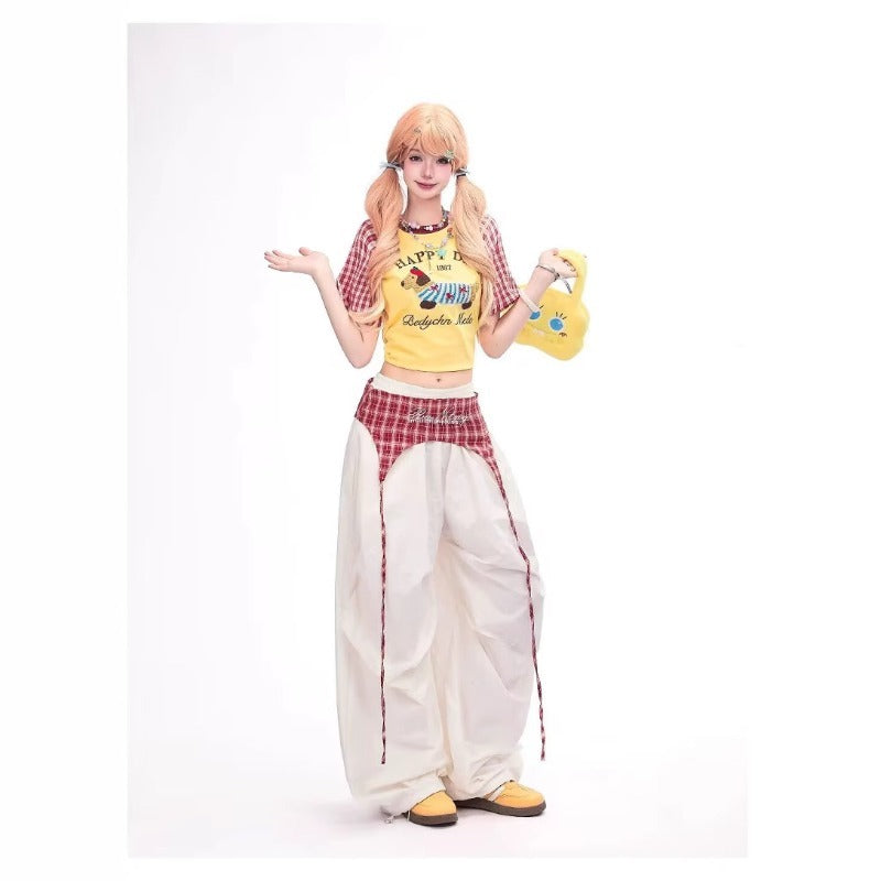 Women casual pants retroplaid butt curtain