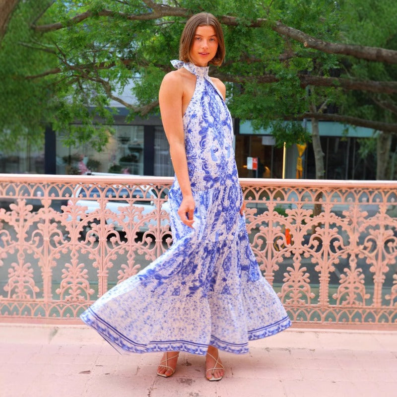 Women's dress - amazon foreign trade - european and american style - elegant print - halter neck - sleeveless - open back - tie-up - ruffle trim - maxi dress