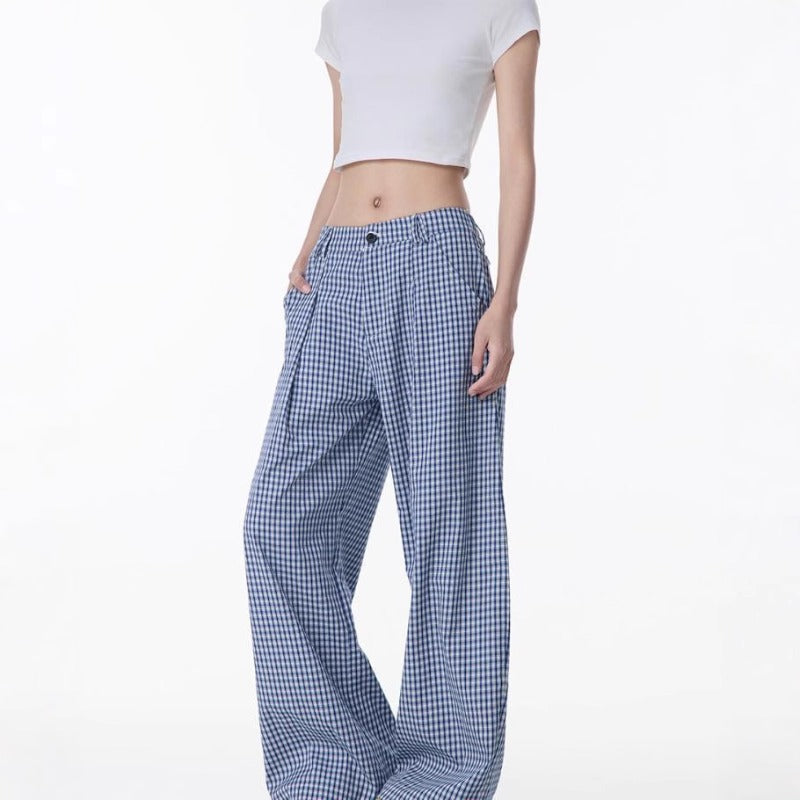 Women casual pants summerloose blue plaid
