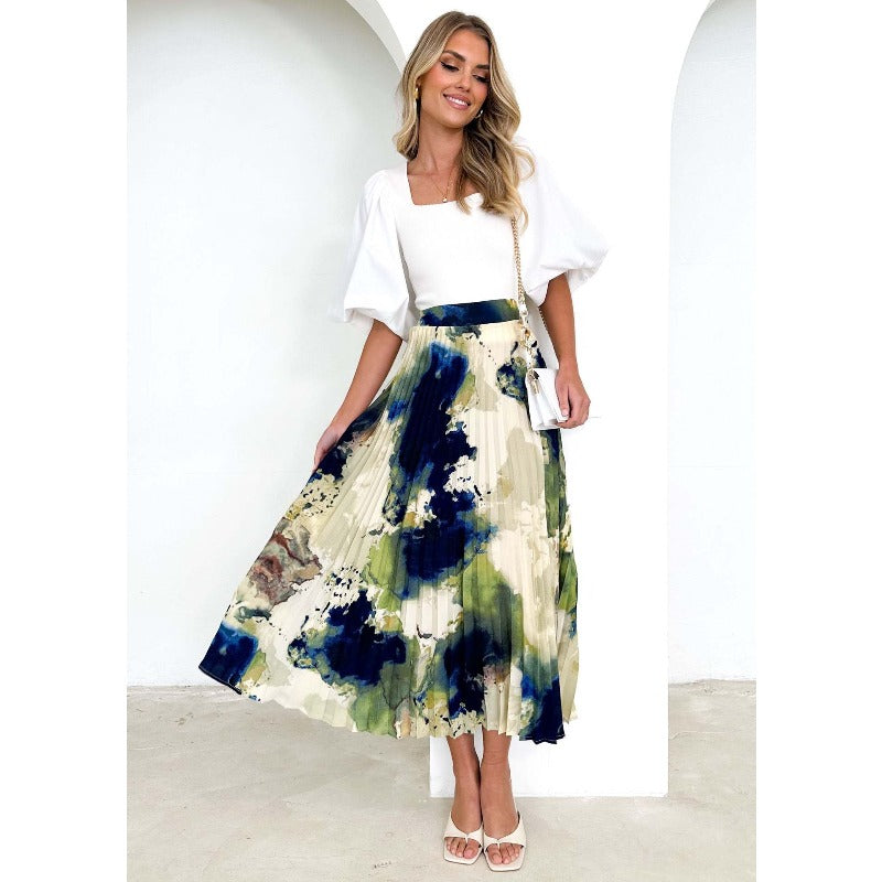 Women's dress - amazon spring/summer high-end oil painting print pleated midi skirt - european and american style drape a-line pleated skirt for women