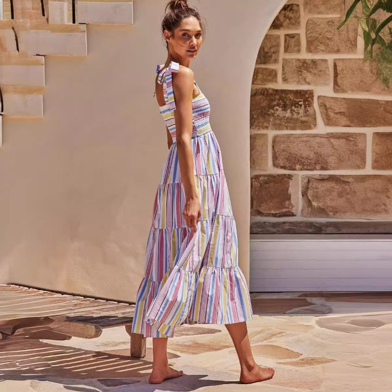 Women's dress - amazon women's clothing - spring/summer european and american casual plaid tie-up bandeau ruched maxi dress