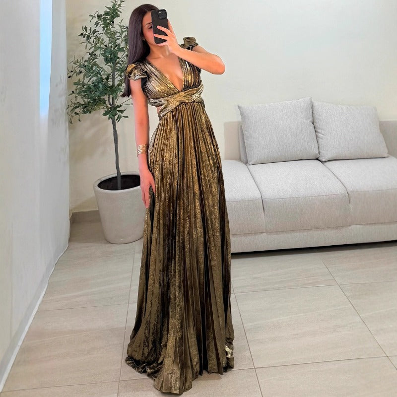 Women dress exportbackless strap pleated skirthigh waist side zipper large skirt party long skirt dresslong dress