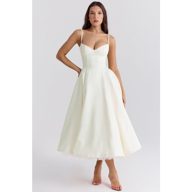 Women's summer dress: european and american high-end princess gown, french style mesh a-line double layer spaghetti strap dress