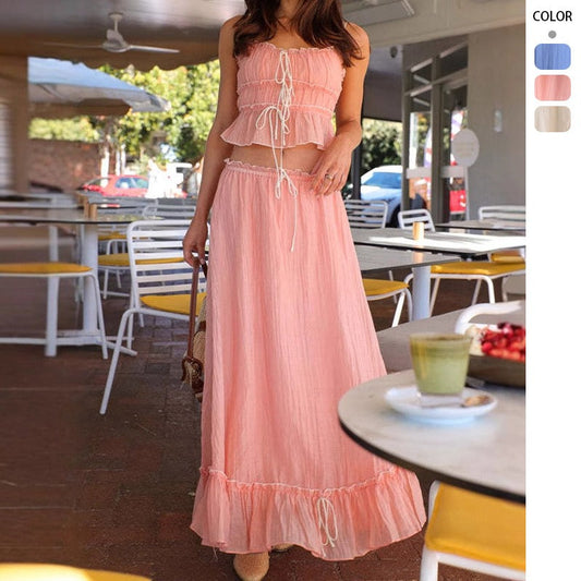 Women's dress: aliexpress women's summer camisole bow sweet top & ruched fairy midi skirt set