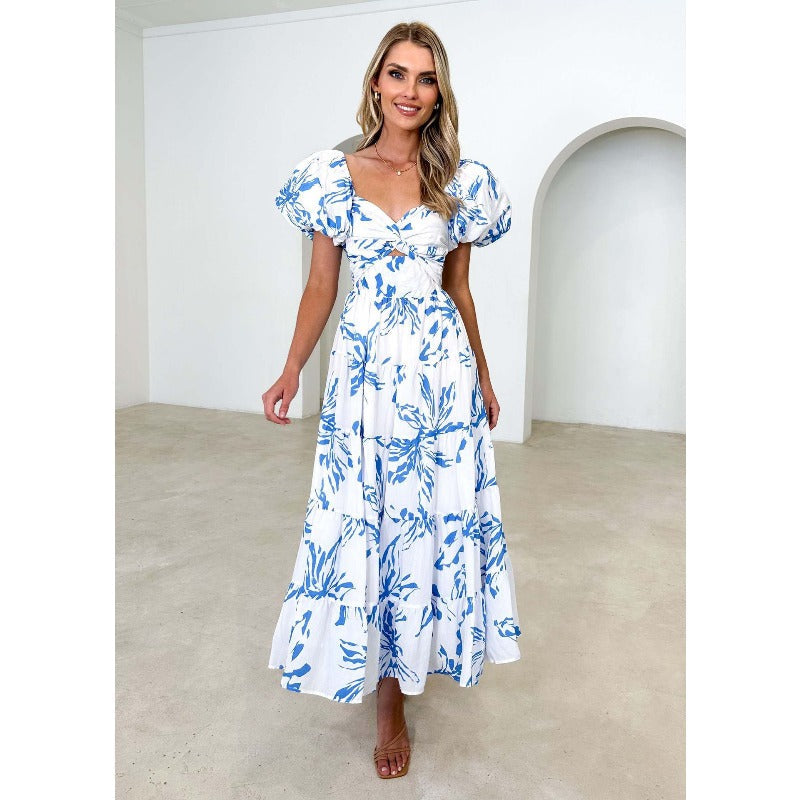 Women's dress - cross-border fashion, spring/summer, amazon style, elegant, slim-fit, printed, puff sleeve, high-end maxi dress for women