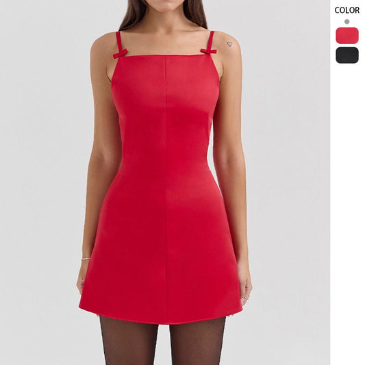 Women's sweet style dress - summer fashion solid color bowknot patchwork design camisole mini dress