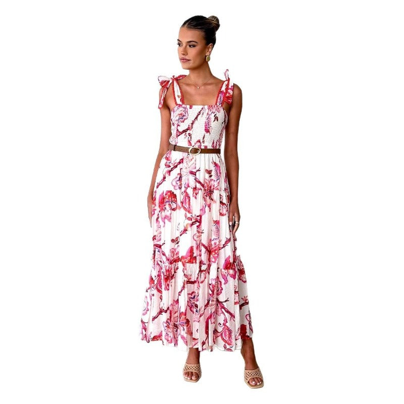 Women's dress spring and summer women's clothing cross-border suspenders elastic waist shoulder straps large swing long printingdress skirt women