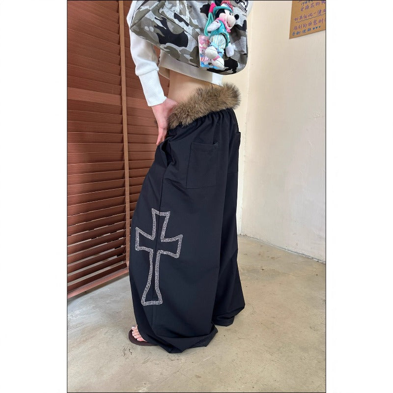 Women casual pants detachable fur collar