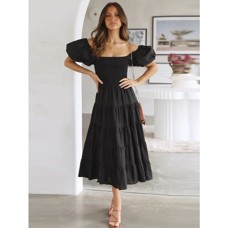 Women's dress: bestselling spring/summer one-shoulder printed puffy sleeve a-line dress for cross-border e-commerce (us/european platforms)