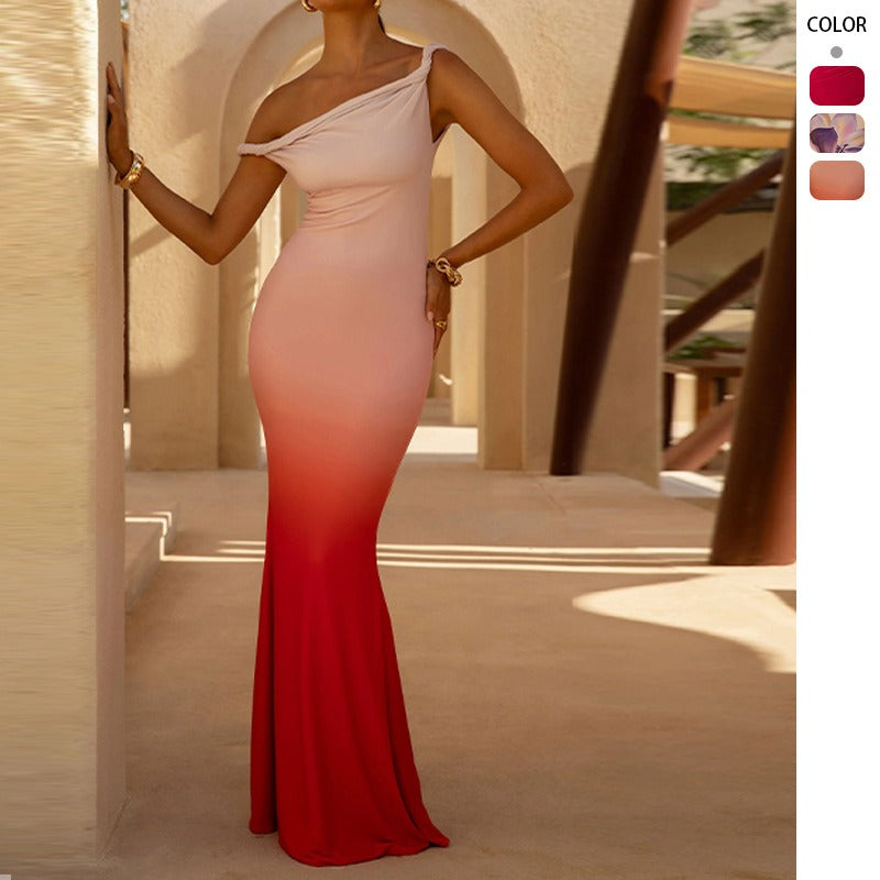 Women's dress - european & american style, amazon cross-border summer export, one-shoulder/off-shoulder evening gown, slimming & figure-flattering, spliced mermaid maxi dress
