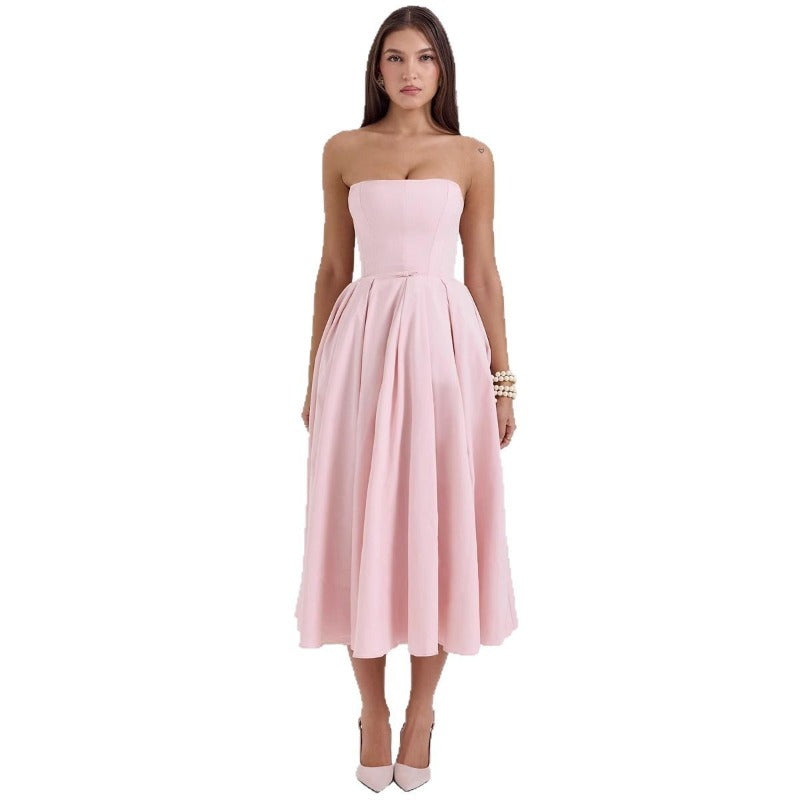 Women's dress: sexy summer outfit - high-end fishbone bandeau dress, pure & sultry style, hot girl slim fit, backless midi dress