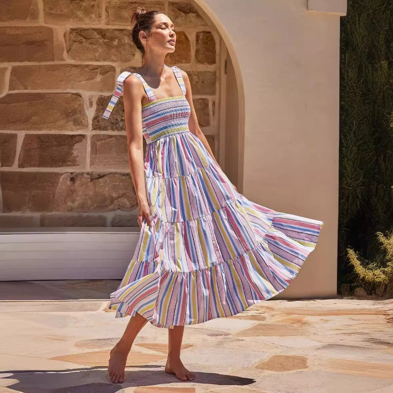 Women's dress - amazon women's clothing - spring/summer european and american casual plaid tie-up bandeau ruched maxi dress