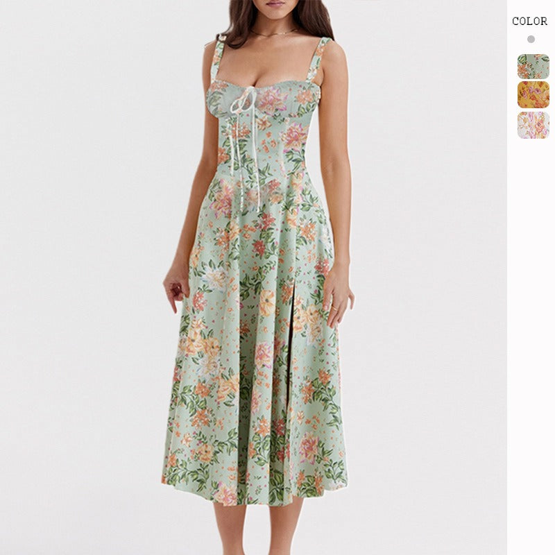 Women's dress: european and american style, high-end sensibility, spaghetti strap, sexy backless, summer floral print, french style dress for women