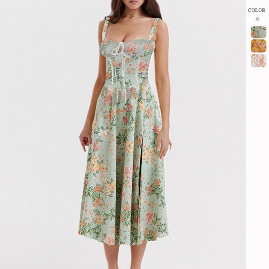 Women's dress: european and american style, high-end sensibility, spaghetti strap, sexy backless, summer floral print, french style dress for women