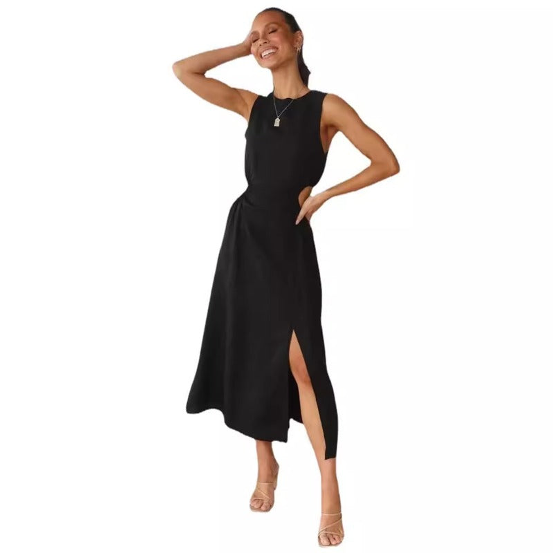 Women's dress - european & american cross-border e-commerce dress - sexy round neck solid color elegant bodycon slit dress - sexy style