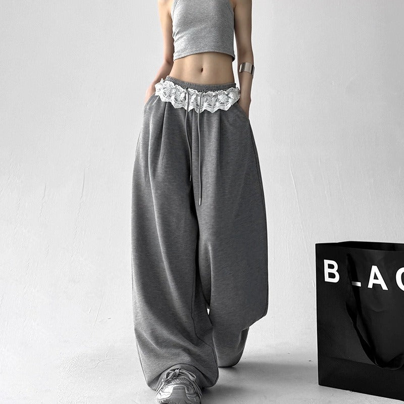 Women casual pants women's summer solid color loose lace drawstring trousers