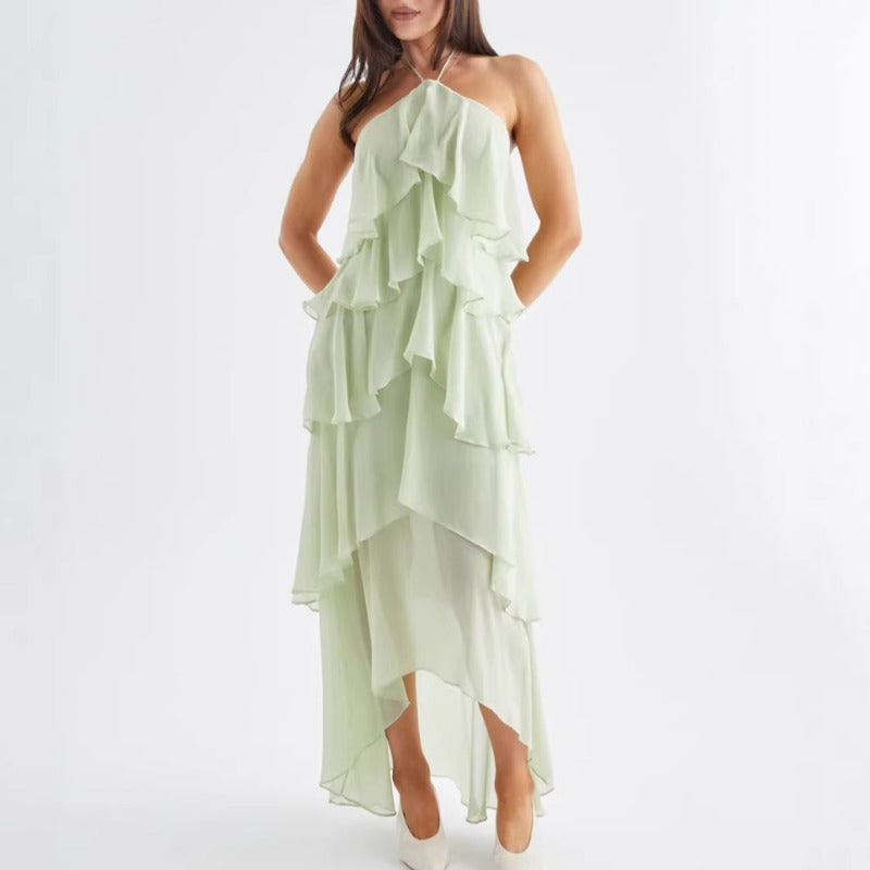 Women's dress - in stock - european & american style - cross-border e-commerce - summer & vacation - elegant & chic - halter neck - 3d cake ruffle - spaghetti strap dress - women's