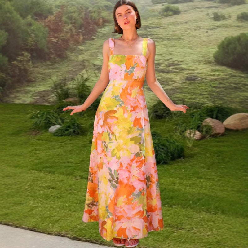 Women's dress - ready stock for export, summer collection, european & american style, cross-border vacation look, spaghetti strap maxi dress with floral print and flared hem