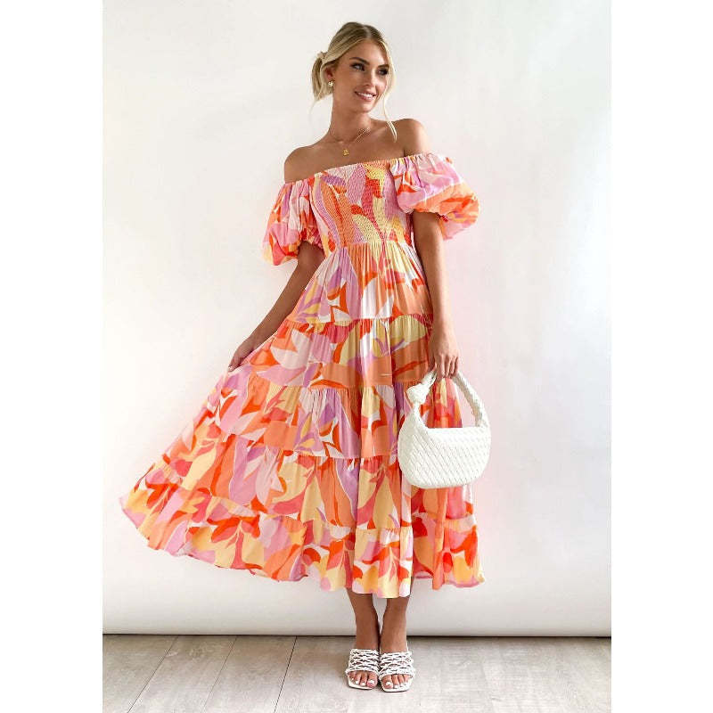 Women's summer dress: european and american style, puff sleeve, slimming maxi dress, hot girl high-waisted off-the-shoulder printed dress