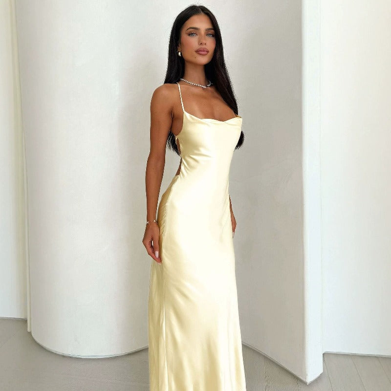 Women's dresses, direct from the factory. mid-length, figure-hugging, sexy v-neck camisole dress. soft and smooth, lightweight, twisted satin silk maxi dress