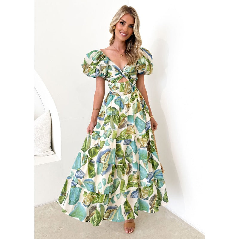 Women's dress - cross-border fashion, spring/summer, amazon style, elegant, slim-fit, printed, puff sleeve, high-end maxi dress for women