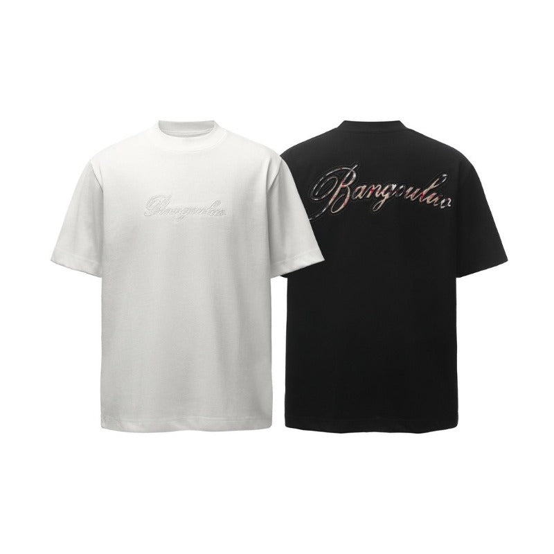Men's t-shirts: american retro heavyweight double yarn logo embroidered crew neck design, men's high street oversized short sleeve tee