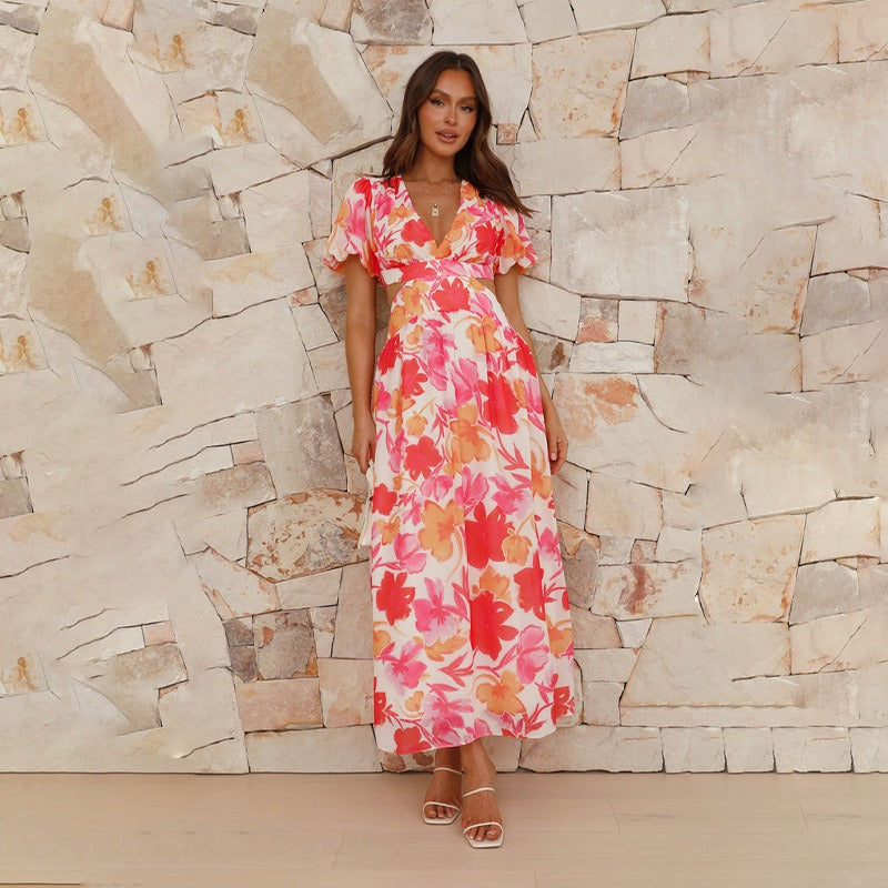 Women's dress - cross-border fashion, european & american export, independent website, spring/summer fresh & elegant floral print, maxi swing dress with open back design