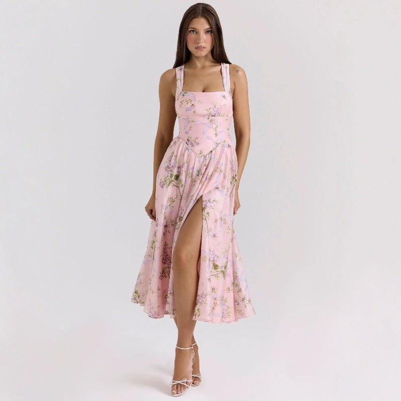 Women's dress amazon wholesale summer french sweet & spicy designer print halter neck slim fit slit dress