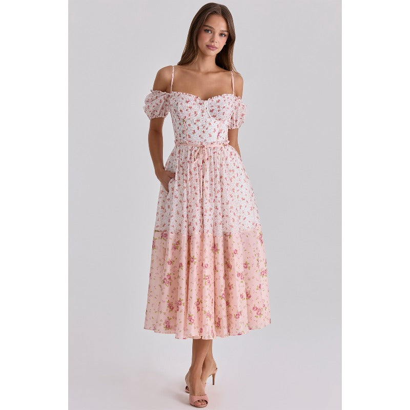 Women's dress - cross-border temu style - puff sleeve - amazon & independent website - ladies' floral print - pleated skirt
